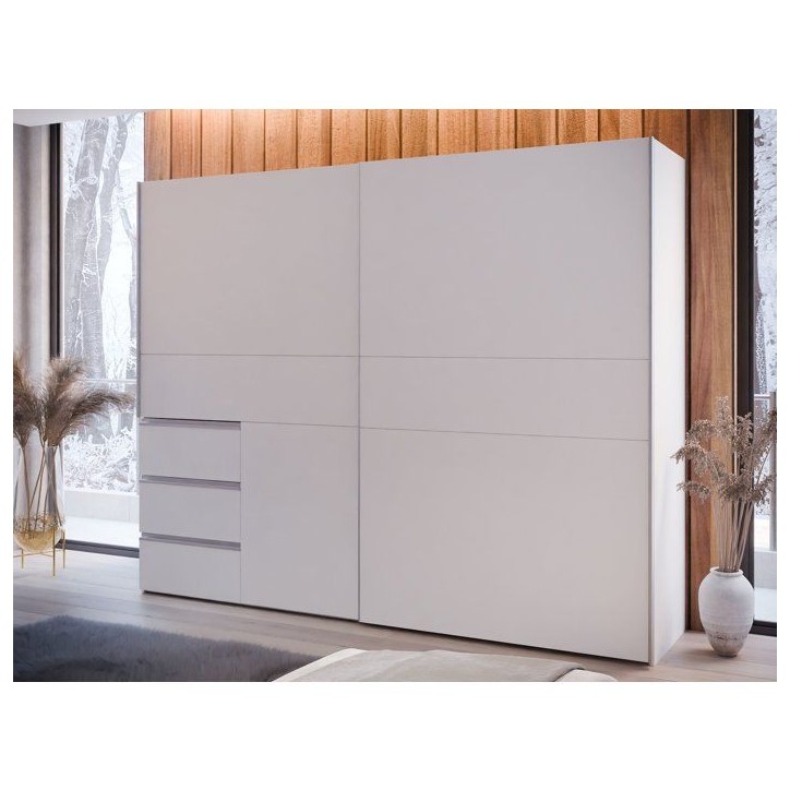 Armoire 2 portes coulissantes 3 tiroirs - Décor blanc mat - L 249 x P 61 x H 200 cm - WINN2