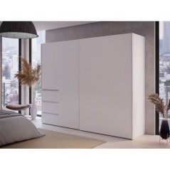 Armoire 2 portes coulissantes 3 tiroirs - Décor blanc mat - L 249 x P