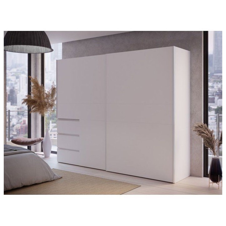 Armoire 2 portes coulissantes 3 tiroirs - Décor blanc mat - L 249 x P 61 x H 200 cm - WINN2