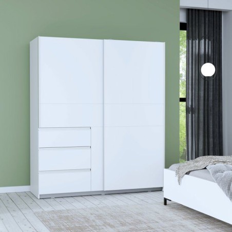 Armoire - 2 portes coulissantes 3 tiroirs - Décor Blanc - L170 x P61 x H200 cm - WINN 2