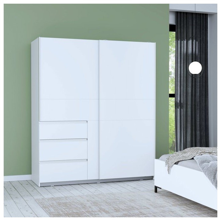 Armoire - 2 portes coulissantes 3 tiroirs - Décor Blanc - L170 x P61 x H200 cm - WINN 2