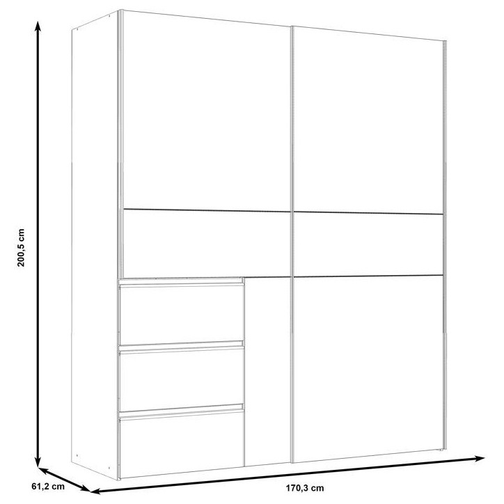 Armoire - 2 portes coulissantes 3 tiroirs - Décor Blanc - L170 x P61 x H200 cm - WINN 2