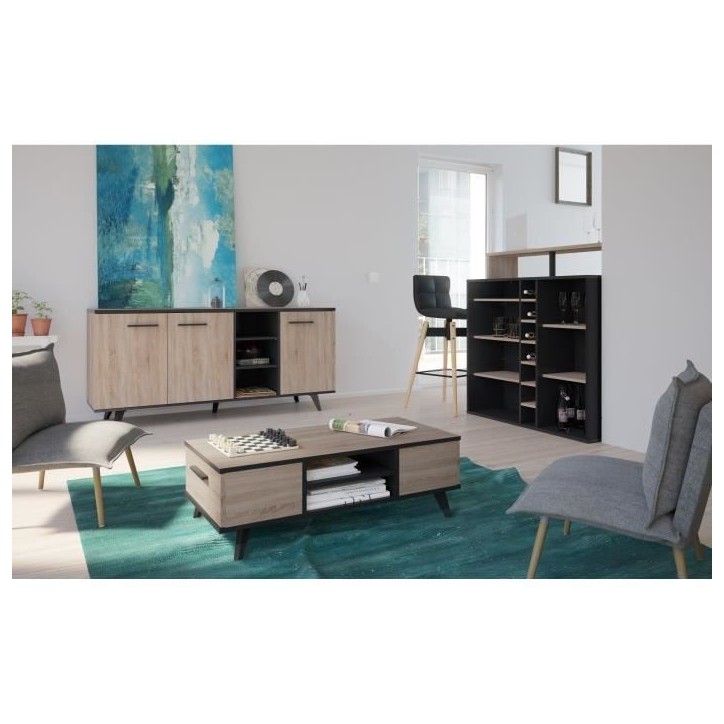 Buffet bas - Décor chene brossé et noir mat - Contemporain - WAYNE - L 160,7 cm
