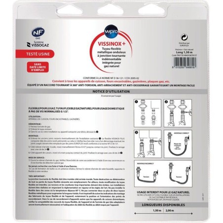 Tuyau gaz inox - WPRO - TNV150 - Gaz naturel - Anti-torsion - 1,5 m