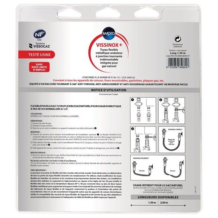 Tuyau gaz inox - WPRO - TNV150 - Gaz naturel - Anti-torsion - 1,5 m