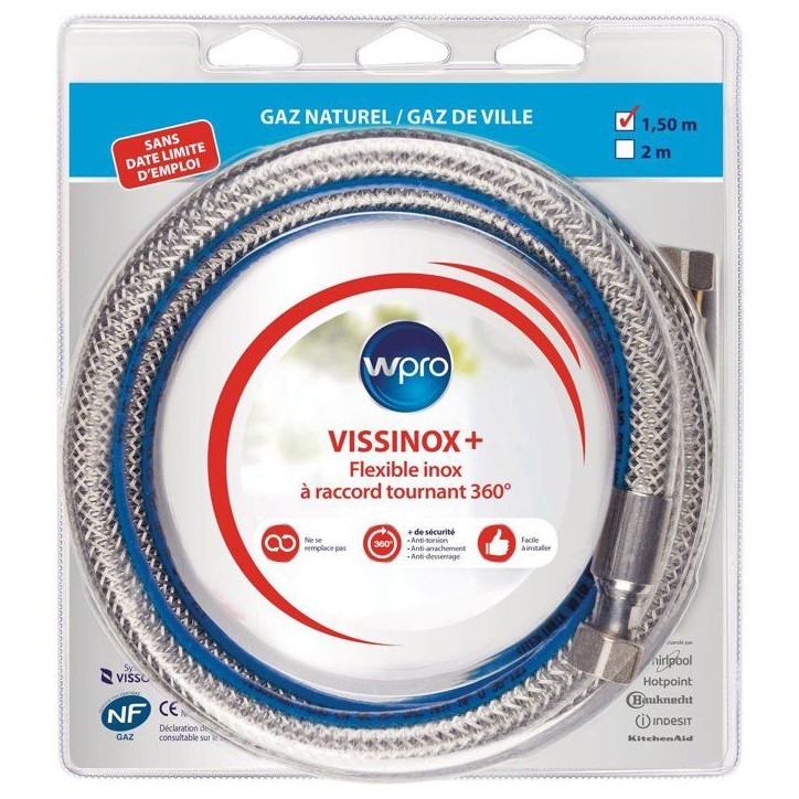 Tuyau gaz inox - WPRO - TNV150 - Gaz naturel - Anti-torsion - 1,5 m