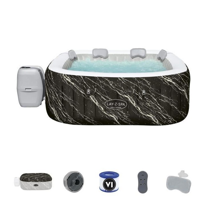 Spa gonflable BESTWAY - Lay-Z-Spa Hollywood - 140 airjets - 180 x 180 x 66 cm - 4 a 6 places - Carré (couverture, cartouche)