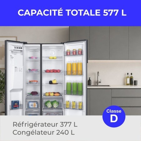 Réfrigérateur américain - CONTINENTAL EDISON - CERANF577NFIXD - 577 L - Distributeur - Classe D - 91 x 73 x 177 cm - Inox