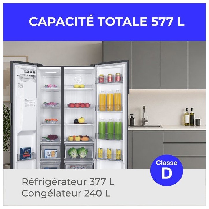Réfrigérateur américain - CONTINENTAL EDISON - CERANF577NFIXD - 577 L - Distributeur - Classe D - 91 x 73 x 177 cm - Inox