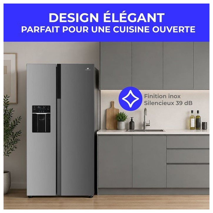 Réfrigérateur américain - CONTINENTAL EDISON - CERANF577NFIXD - 577 L - Distributeur - Classe D - 91 x 73 x 177 cm - Inox