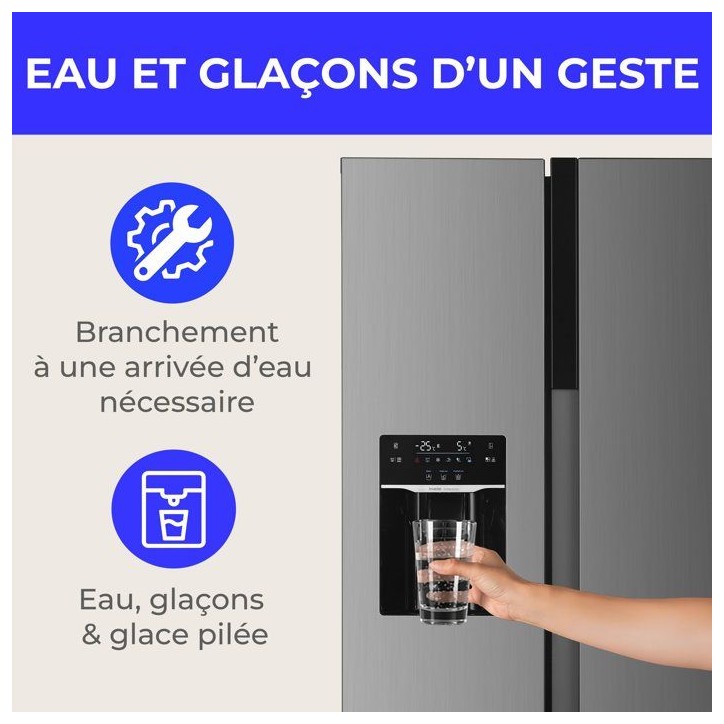 Réfrigérateur américain - CONTINENTAL EDISON - CERANF577NFIXD - 577 L - Distributeur - Classe D - 91 x 73 x 177 cm - Inox