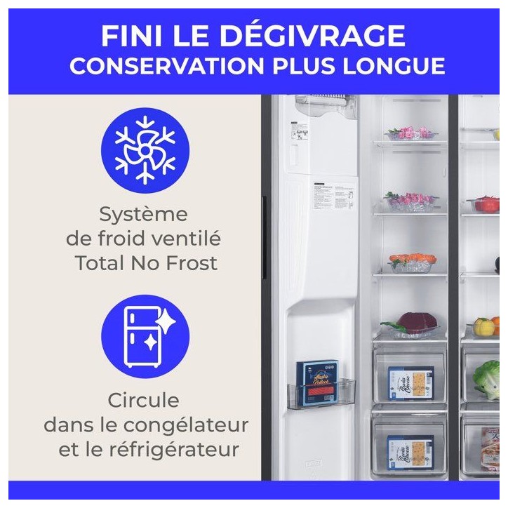 Réfrigérateur américain - CONTINENTAL EDISON - CERANF577NFIXD - 577 L - Distributeur - Classe D - 91 x 73 x 177 cm - Inox
