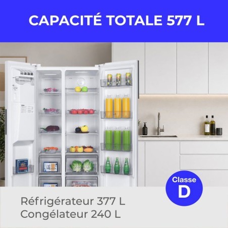 Réfrigérateur américain - CONTINENTAL EDISON - CERANF577NFWD - 577 L - Distributeur - Classe D - 91 x 73 x 177 cm - Blanc