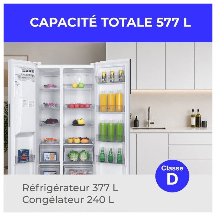 Réfrigérateur américain - CONTINENTAL EDISON - CERANF577NFWD - 577 L - Distributeur - Classe D - 91 x 73 x 177 cm - Blanc