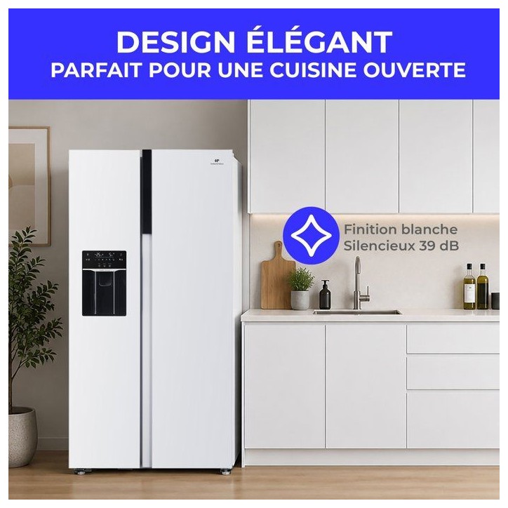 Réfrigérateur américain - CONTINENTAL EDISON - CERANF577NFWD - 577 L - Distributeur - Classe D - 91 x 73 x 177 cm - Blanc
