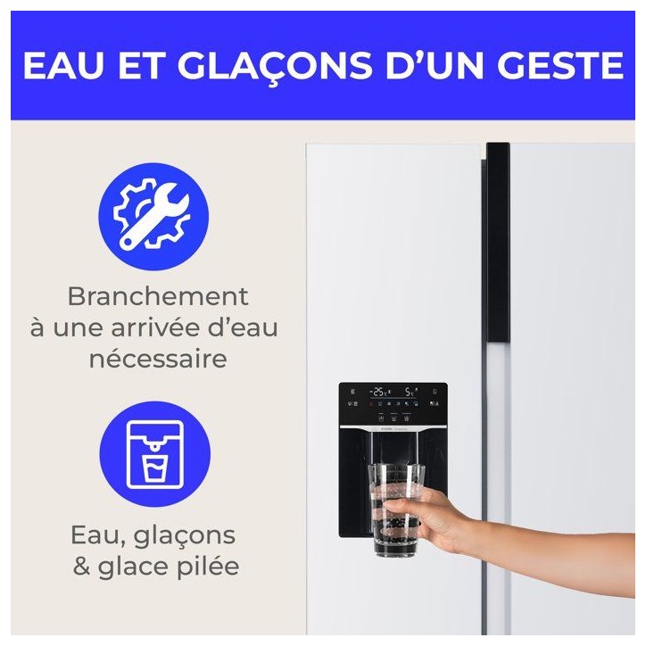 Réfrigérateur américain - CONTINENTAL EDISON - CERANF577NFWD - 577 L - Distributeur - Classe D - 91 x 73 x 177 cm - Blanc
