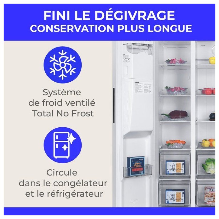 Réfrigérateur américain - CONTINENTAL EDISON - CERANF577NFWD - 577 L - Distributeur - Classe D - 91 x 73 x 177 cm - Blanc