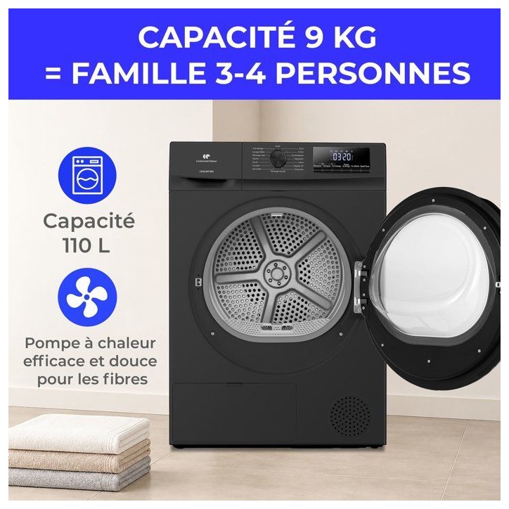 Seche-linge pompe a chaleur CONTINENTAL EDISON CESL9PCBD - 9 kg - L60cm - Classe D - Noir Seche-linge pompe a chaleur CONTINENTAL EDISON CESL9PCBD - 9 kg - L60cm - Classe D - Noir