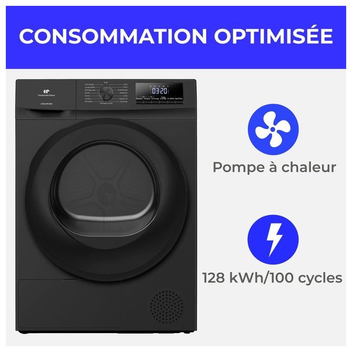 Seche-linge pompe a chaleur CONTINENTAL EDISON CESL9PCBD - 9 kg - L60cm - Classe D - Noir Seche-linge pompe a chaleur CONTINENTAL EDISON CESL9PCBD - 9 kg - L60cm - Classe D - Noir