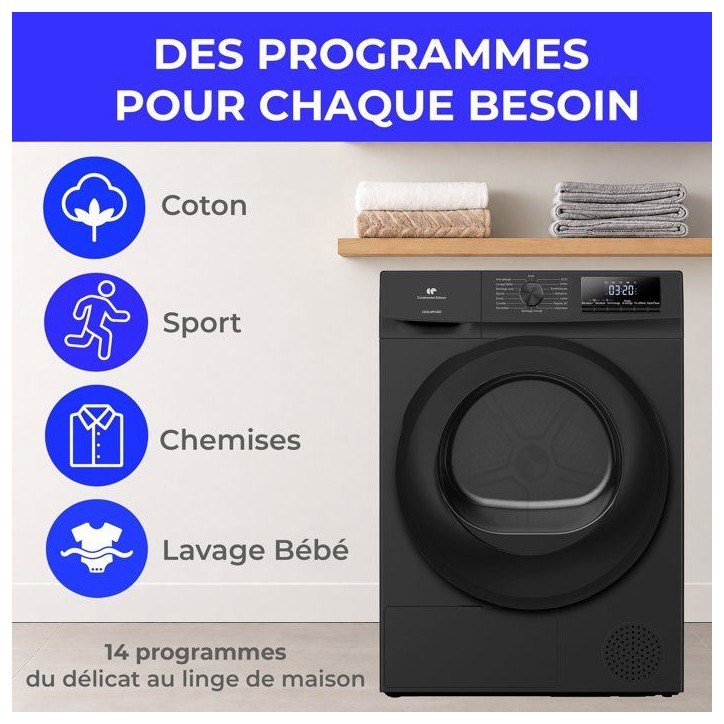 Seche-linge pompe a chaleur CONTINENTAL EDISON CESL9PCBD - 9 kg - L60cm - Classe D - Noir Seche-linge pompe a chaleur CONTINENTAL EDISON CESL9PCBD - 9 kg - L60cm - Classe D - Noir