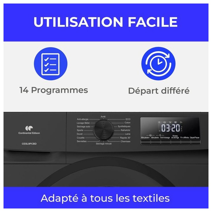 Seche-linge pompe a chaleur CONTINENTAL EDISON CESL9PCBD - 9 kg - L60cm - Classe D - Noir Seche-linge pompe a chaleur CONTINENTAL EDISON CESL9PCBD - 9 kg - L60cm - Classe D - Noir