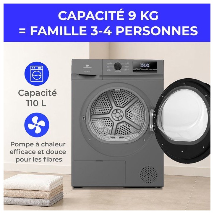 Seche-linge pompe a chaleur CONTINENTAL EDISON CESL9PCSD - 9 kg - L60cm - Classe D - Silver Seche-linge pompe a chaleur CONTINENTAL EDISON CESL9PCSD - 9 kg - L60cm - Classe D - Silver