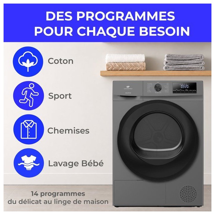 Seche-linge pompe a chaleur CONTINENTAL EDISON CESL9PCSD - 9 kg - L60cm - Classe D - Silver Seche-linge pompe a chaleur CONTINENTAL EDISON CESL9PCSD - 9 kg - L60cm - Classe D - Silver