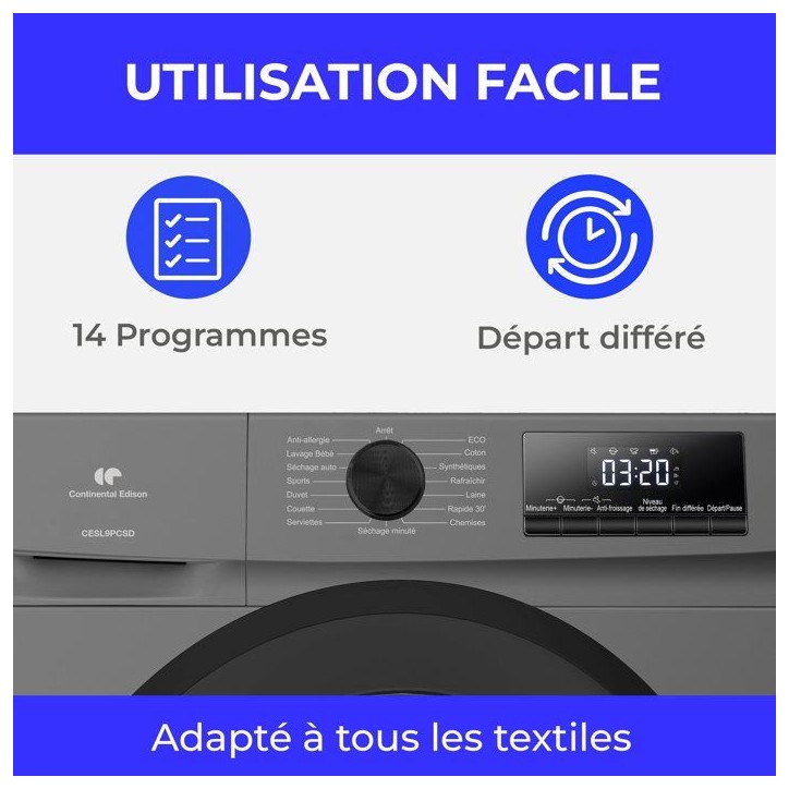 Seche-linge pompe a chaleur CONTINENTAL EDISON CESL9PCSD - 9 kg - L60cm - Classe D - Silver Seche-linge pompe a chaleur CONTINENTAL EDISON CESL9PCSD - 9 kg - L60cm - Classe D - Silver