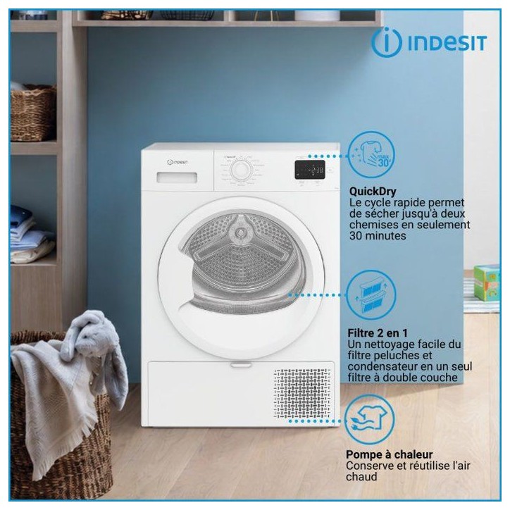 Seche-linge pompe a chaleur INDESIT CYSD83DWWFRX - 8 kg - Induction - L60cm - Classe D - Blanc Seche-linge pompe a chaleur INDESIT CYSD83DWWFRX - 8 kg - Induction - L60cm - Classe D - Blanc