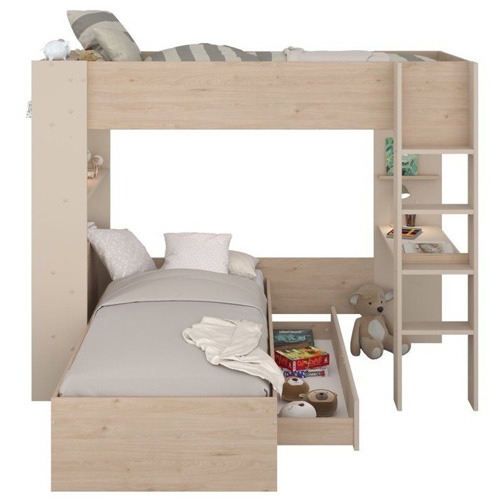 Lits superposés 2 places avec rangement - OASIS - 90 x 200 cm - panneaux de particules chene et cachemire avec sommier - PARISO Lits superposés 2 places avec rangement - OASIS - 90 x 200 cm - panneaux de particules chene et cachemire avec sommier - PARISO