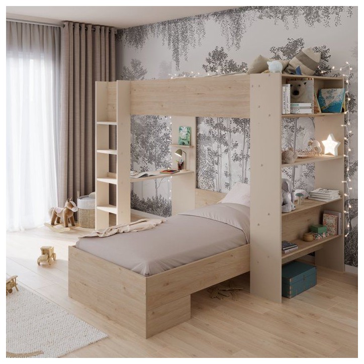 Lits superposés 2 places avec rangement - OASIS - 90 x 200 cm - panneaux de particules chene et cachemire avec sommier - PARISO Lits superposés 2 places avec rangement - OASIS - 90 x 200 cm - panneaux de particules chene et cachemire avec sommier - PARISO