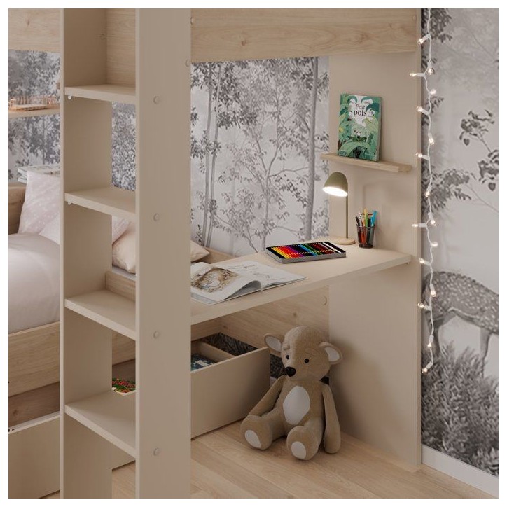 Lits superposés 2 places avec rangement - OASIS - 90 x 200 cm - panneaux de particules chene et cachemire avec sommier - PARISO Lits superposés 2 places avec rangement - OASIS - 90 x 200 cm - panneaux de particules chene et cachemire avec sommier - PARISO