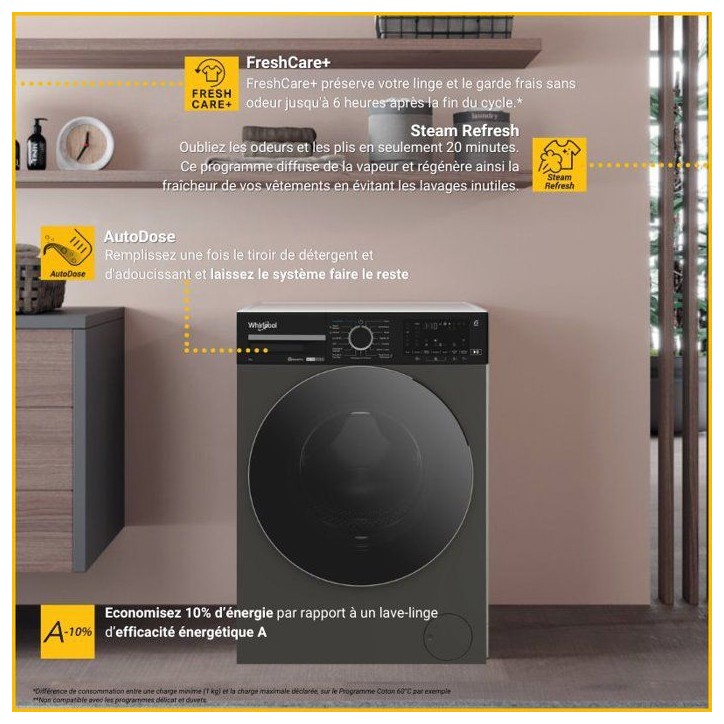 Lave-linge hublot pose libre WHIRLPOOL WPM97GADSFR - 10 kg - Induction - L60cm - 1400 trs/min - Autodose - Classe A-10% - Blanc Lave-linge hublot pose libre WHIRLPOOL WPM97GADSFR - 10 kg - Induction - L60cm - 1400 trs/min - Autodose - Classe A-10% - Blanc
