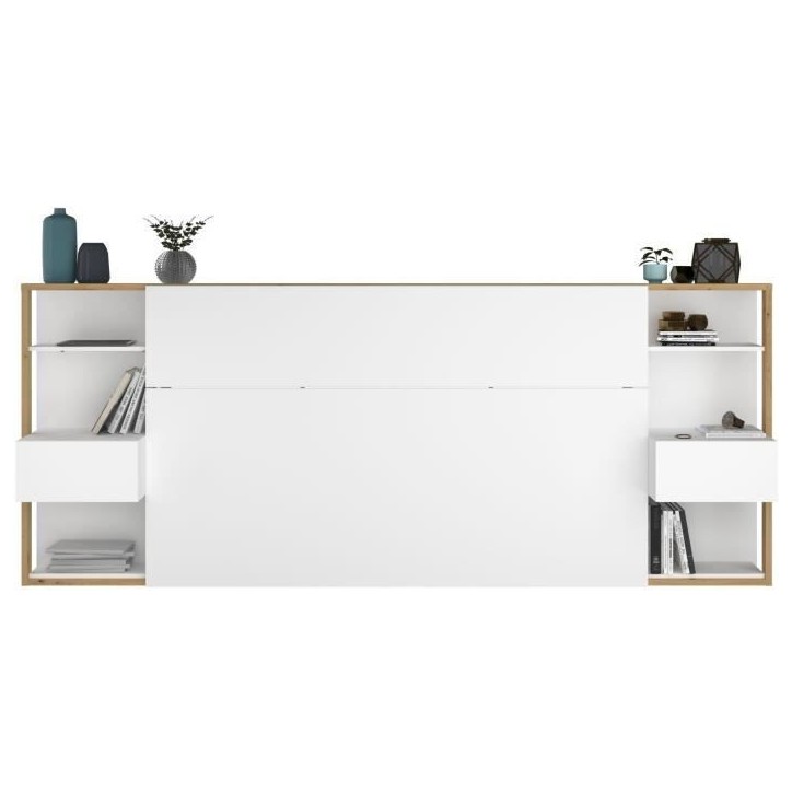 PARISOT Tete de Lit avec étageres + chevets intégrés - Décor blanc et chene - L 255 x P 36 x H 103 cm - WHITE PARISOT Tete de Lit avec étageres + chevets intégrés - Décor blanc et chene - L 255 x P 36 x H 103 cm - WHITE