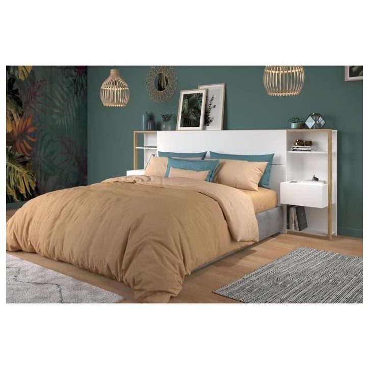 PARISOT Tete de Lit avec étageres + chevets intégrés - Décor blanc et chene - L 255 x P 36 x H 103 cm - WHITE PARISOT Tete de Lit avec étageres + chevets intégrés - Décor blanc et chene - L 255 x P 36 x H 103 cm - WHITE