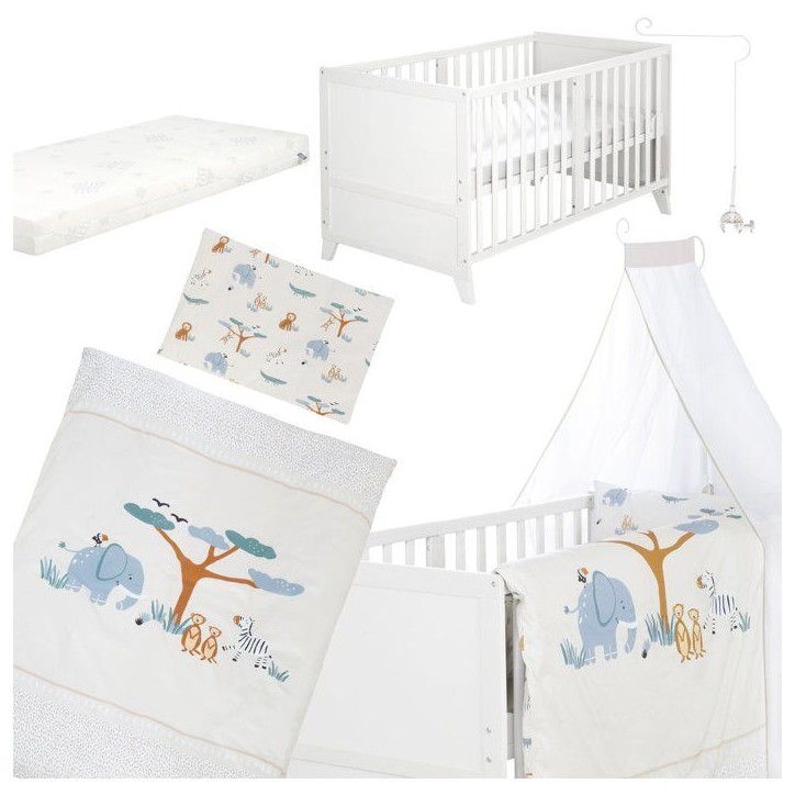 Lit combiné évolutif 70 x 140 cm - ROBA - Savanna Friends - Blanc - Matelas et textile inclus Lit combiné évolutif 70 x 140 cm - ROBA - Savanna Friends - Blanc - Matelas et textile inclus