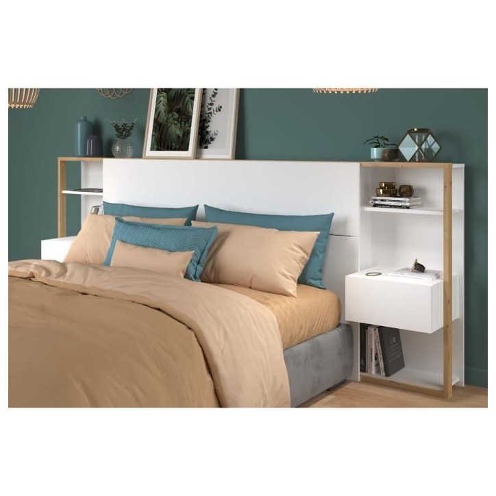 PARISOT Tete de Lit avec étageres + chevets intégrés - Décor blanc et chene - L 255 x P 36 x H 103 cm - WHITE PARISOT Tete de Lit avec étageres + chevets intégrés - Décor blanc et chene - L 255 x P 36 x H 103 cm - WHITE
