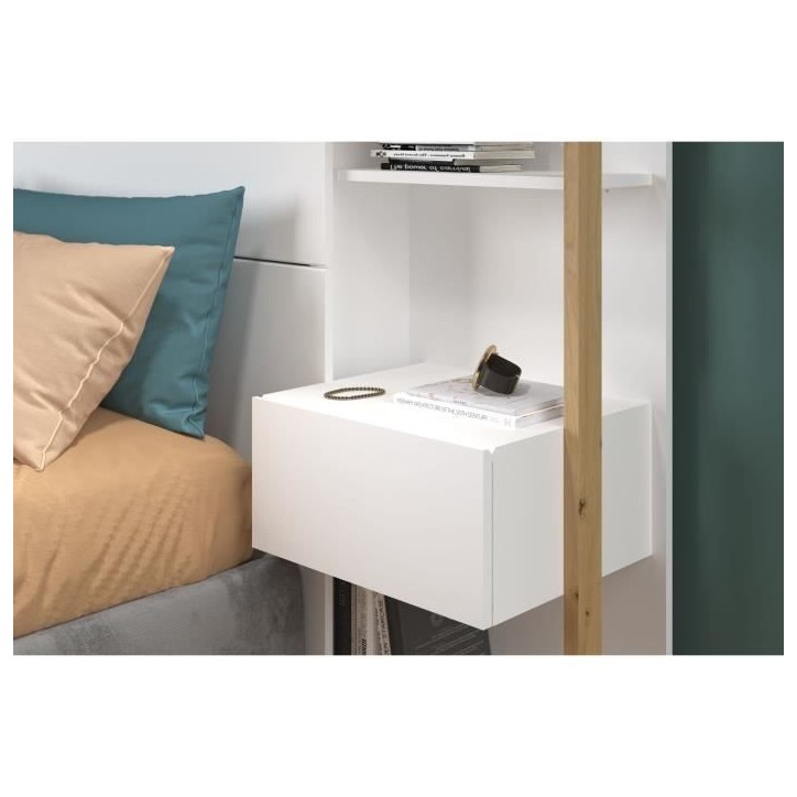 PARISOT Tete de Lit avec étageres + chevets intégrés - Décor blanc et chene - L 255 x P 36 x H 103 cm - WHITE PARISOT Tete de Lit avec étageres + chevets intégrés - Décor blanc et chene - L 255 x P 36 x H 103 cm - WHITE