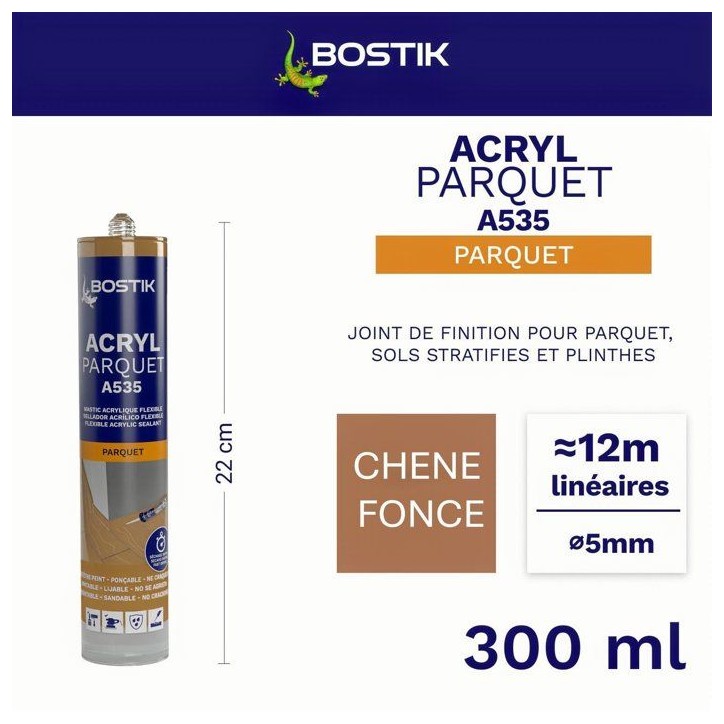 Mastic acrylique - BOSTIK - Joint Acryl Parquet - Compatible tous vernis - Chêne foncé - 300 ml Mastic acrylique - BOSTIK - Joint Acryl Parquet - Compatible tous vernis - Chêne foncé - 300 ml