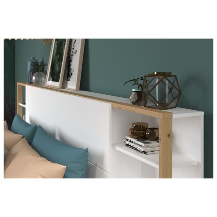 PARISOT Tete de Lit avec étageres + chevets intégrés - Décor blanc et chene - L 255 x P 36 x H 103 cm - WHITE PARISOT Tete de Lit avec étageres + chevets intégrés - Décor blanc et chene - L 255 x P 36 x H 103 cm - WHITE