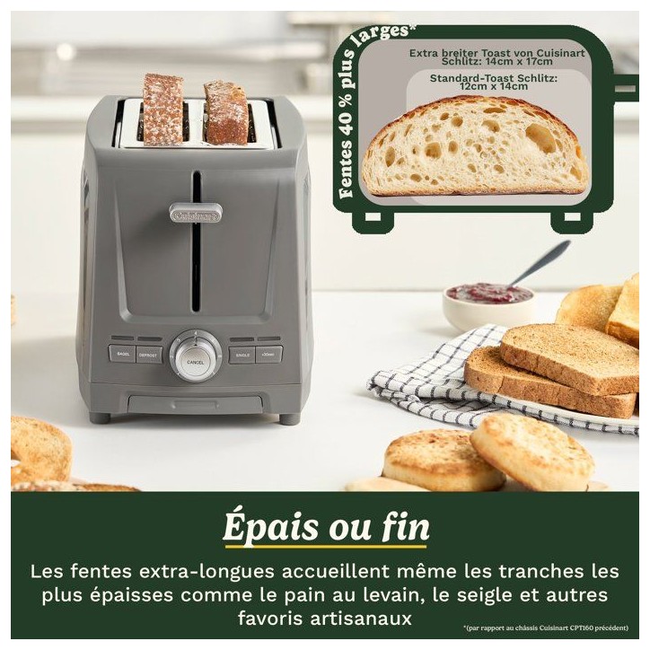 Grille-pain - CUISINART - Core Collection - 2 tranches - Fentes extra larges - Stone Grey Grille-pain - CUISINART - Core Collection - 2 tranches - Fentes extra larges - Stone Grey