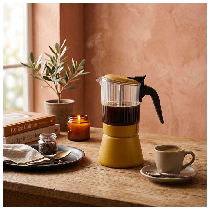 Cafetière italienne - INOXIBAR - Clair 6 tasses Moutarde - verre borosilicaté - induction - soupape sécurité Cafetière italienne - INOXIBAR - Clair 6 tasses Moutarde - verre borosilicaté - induction - soupape sécurité