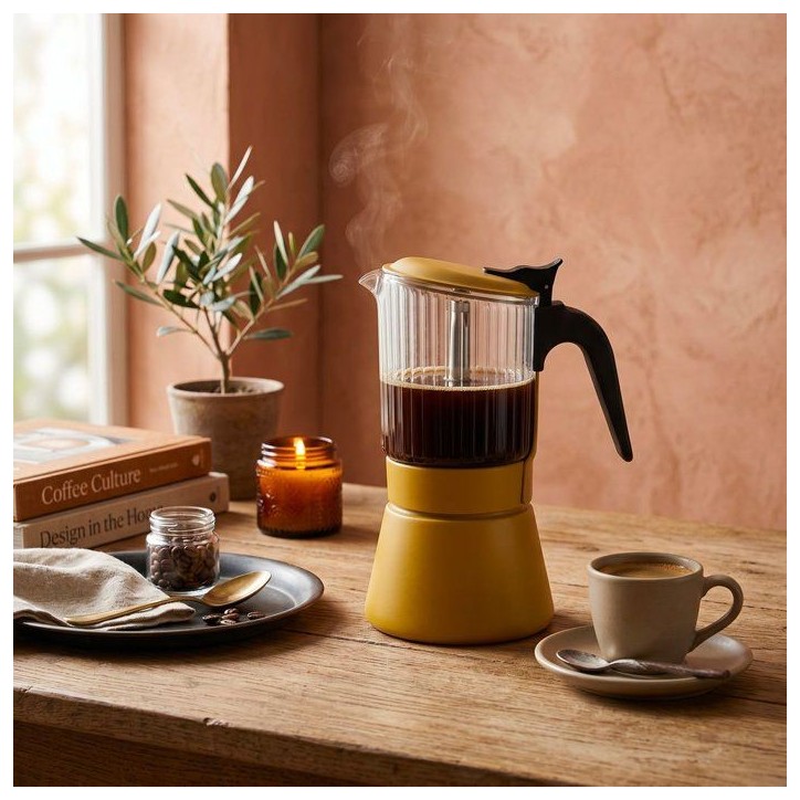 Cafetière italienne - INOXIBAR - Clair 9 tasses Moutarde - verre borosilicaté - induction - soupape sécurité Cafetière italienne - INOXIBAR - Clair 9 tasses Moutarde - verre borosilicaté - induction - soupape sécurité