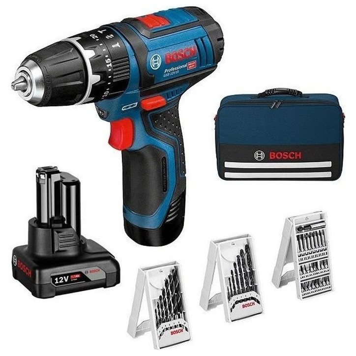 Perceuse-visseuse a percussion Bosch Professional GSB 12V-15, 2 batteries 2Ah et 4Ah, 1 chargeur et set d'accessoire - 06019B690 Perceuse-visseuse a percussion Bosch Professional GSB 12V-15, 2 batteries 2Ah et 4Ah, 1 chargeur et set d'accessoire - 06019B690