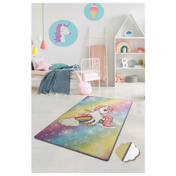 Tapis enfant Licorne 140 x 190 cm - Épaisseur : 10 mm - 700 g/m² - Revers antidérapant - Antibactérien - Lavable en machine