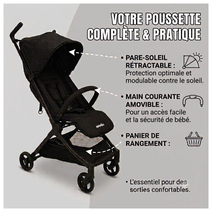 NANIA - Poussette ultra-compacte - Babyjet - Sac de transport inclus - 4 roues - Noir NANIA - Poussette ultra-compacte - Babyjet - Sac de transport inclus - 4 roues - Noir