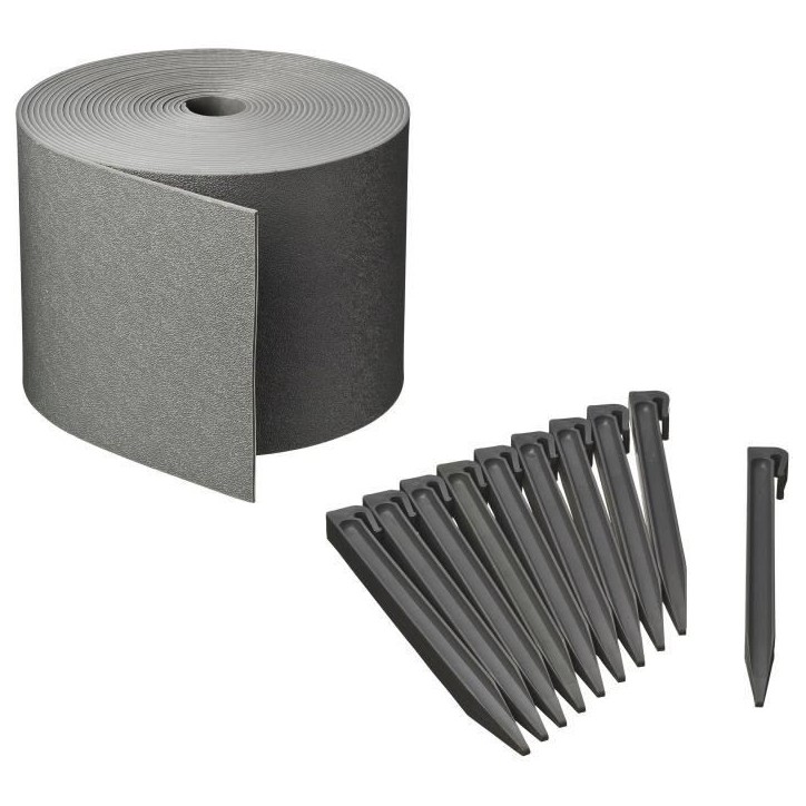 Bordure de jardin - NATURE - Gris - PE recyclé, épaisseur 3 mm - H15 cm x 10 m - 10 Ancres grises - H26,7 x 1,9 x 1,8 cm Bordure de jardin - NATURE - Gris - PE recyclé, épaisseur 3 mm - H15 cm x 10 m - 10 Ancres grises - H26,7 x 1,9 x 1,8 cm