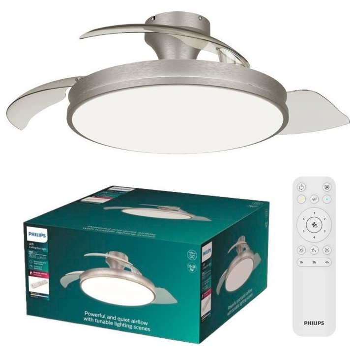 Ventilateur de plafond - Philips - Atlas - Pales rétractables - Diametre 106 cm - Nickel - LED intégrée + télécommande Ventilateur de plafond - Philips - Atlas - Pales rétractables - Diametre 106 cm - Nickel - LED intégrée + télécommande