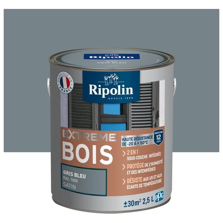 RIPOLIN Peinture pour pour Bois Intérieur & Extérieur - Gris Bleu Ral 7000 Satin, 2,5L RIPOLIN Peinture pour pour Bois Intérieur & Extérieur - Gris Bleu Ral 7000 Satin, 2,5L