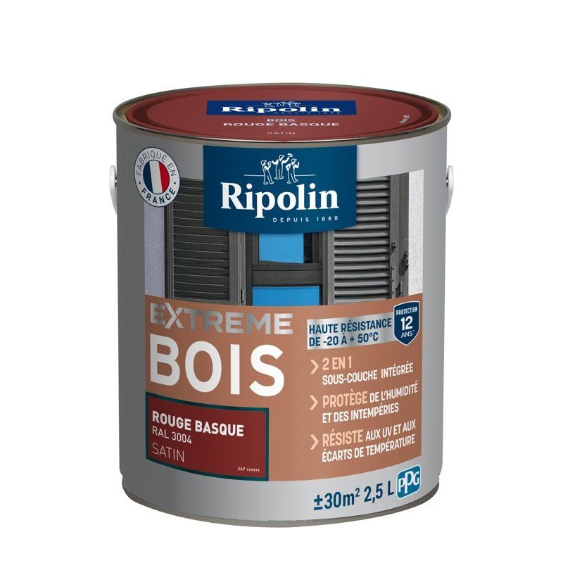 Peinture Extreme bois - Rouge basque RAL 3004 satin - RIPOLIN - 2,5 L